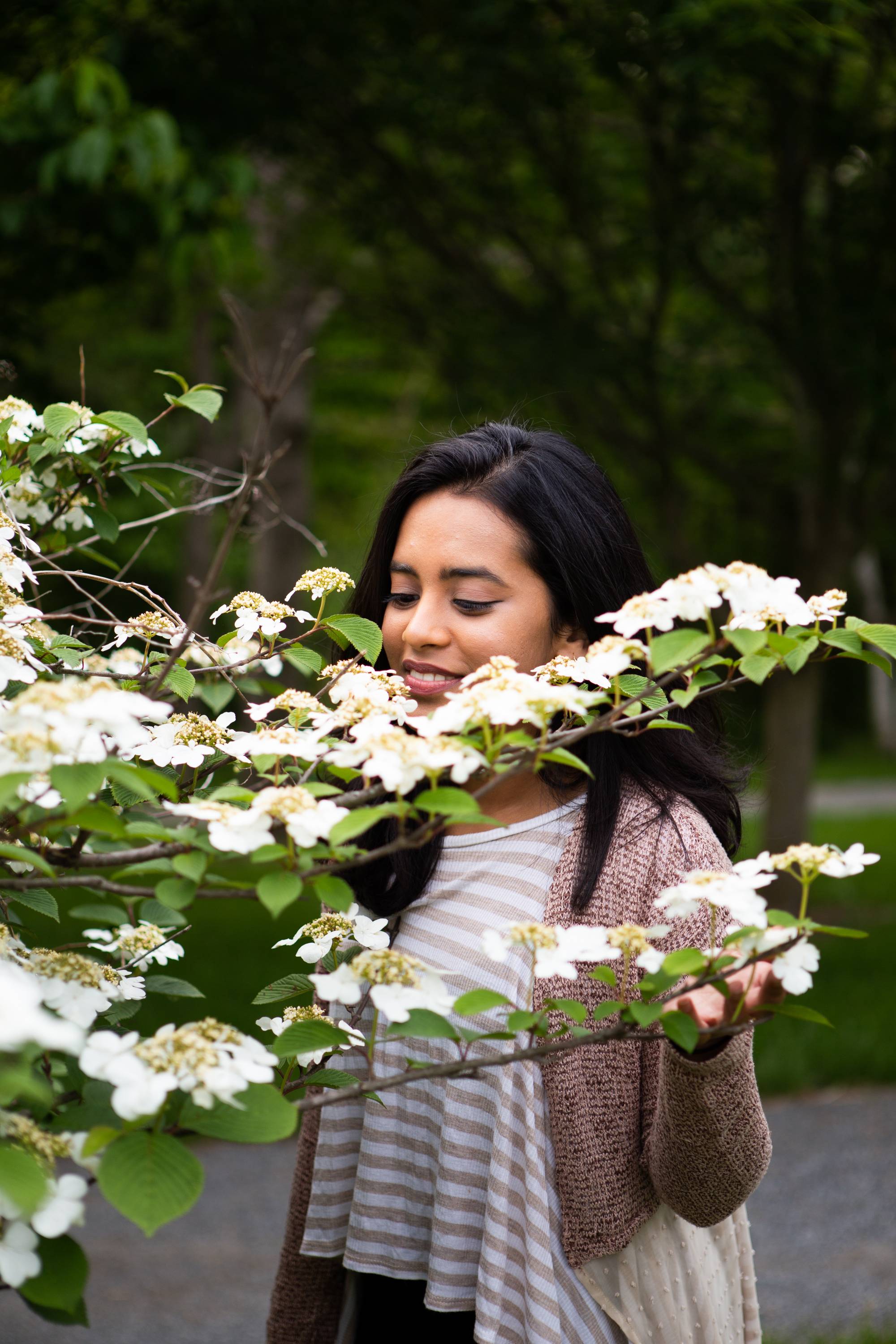 A student looking at flowers in the arboretum.